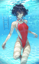 Rule 34 | 1girl, air bubble, asics, barefoot, breasts, bubble, caustics, closed mouth, competition swimsuit, feet out of frame, frown, goggles, goggles around neck, highleg, highleg swimsuit, highres, holding breath, kaoming, looking at viewer, one-piece swimsuit, original, pool, pool ladder, short hair, solo, submerged, swimsuit, underwater, wavy hair, wet, wet clothes, wet swimsuit, white one-piece swimsuit