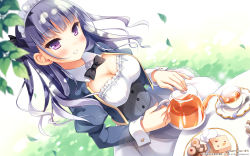 Rule 34 | 1girl, :d, blush, breasts, checkerboard cookie, cleavage, cookie, cup, dutch angle, food, frills, grass, highres, koi suru kanojo no bukiyou na butai, kokonoe maria, leaf, maid, maid headdress, medium breasts, open mouth, outdoors, pan (mimi), parted lips, plate, pouring, purple eyes, purple hair, smile, solo, table, teacup, teapot, wallpaper
