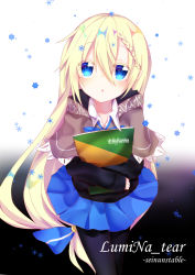 Rule 34 | 1girl, black pantyhose, blonde hair, blue eyes, blue skirt, blush, book, bow, commentary request, hair between eyes, hair bow, hair ornament, holding, holding book, long hair, looking at viewer, original, pantyhose, skirt, solo, very long hair, yamine kuro