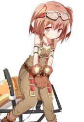Rule 34 | 1girl, armlet, bare shoulders, beize (garbage), brown eyes, brown hair, gloves, goggles, goggles on head, highres, looking at viewer, ole tower, overalls, rammer (ole tower), short hair, short twintails, simple background, smile, solo, twintails