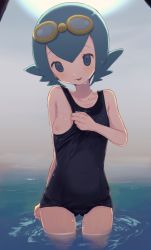 Rule 34 | 5saiji, bare arms, blue eyes, blue hair, blue one-piece swimsuit, blush, breasts, collarbone, covered navel, creatures (company), game freak, goggles, goggles on head, highres, lana (pokemon), looking at viewer, nintendo, nipples, one-piece swimsuit, one breast out, partially submerged, pokemon, pokemon (anime), pokemon sm, pokemon sm (anime), short hair, small breasts, smile, solo, swimsuit, trial captain, wading, water, wet