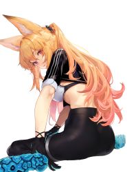 Rule 34 | 1girl, absurdres, animal ear fluff, animal ears, artist request, black shirt, blonde hair, blouse, clothes lift, commission, dungeon and fighter, ellin meiji, fox ears, high-waist pants, highres, original, pants, red eyes, second-party source, shirt, shirt lift, simple background, solo, source request, white background