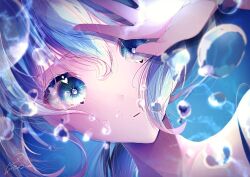 Rule 34 | 1girl, blue eyes, blue hair, blue theme, blush, bubble, commentary request, dutch angle, floating hair, hair between eyes, hatsune miku, heart, long hair, looking at viewer, parted lips, portrait, shading eyes, shadow, sidelocks, signature, solo, vocaloid, yuuki hina