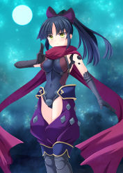 Rule 34 | 1girl, black hair, bow, breasts, cross (crossryou), elbow gloves, fate/grand order, fate (series), full moon, gloves, hair bow, joints, katou danzou (fate), leotard, long hair, looking at viewer, medium breasts, moon, ponytail, red scarf, robot joints, scarf, solo, yellow eyes