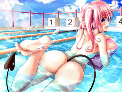 Rule 34 | 10s, 1girl, :d, ass, barefoot, chain-link fence, cloud, day, demon tail, fang, feet, fence, foot focus, from behind, kickboard, lane line, light rays, long hair, looking back, nana asta deviluke, nude, nudist, open mouth, outdoors, partially submerged, pink eyes, pink hair, pool, sideways mouth, skinny dipping, smile, soles, sunbeam, sunlight, swimming, tail, to love-ru, to love-ru darkness, toes, twintails, xyomouse, zenra