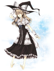 Rule 34 | 1girl, bad id, bad pixiv id, barefoot, blonde hair, curiosities of lotus asia, dress, feet, female focus, hair ribbon, hat, highres, kirisame marisa, long hair, ribbon, shiren, shiren (monochrome structure), smile, solo, touhou, witch, witch hat, yellow eyes