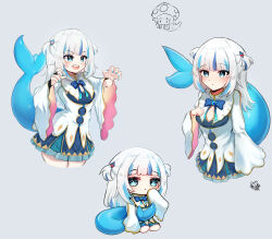 Rule 34 | 1girl, absurdres, blue hair, blue nails, blunt bangs, ceres fauna, ceres fauna (1st costume), ceres fauna (cosplay), chibi, closed mouth, cosplay, dress, fins, fish tail, gawr gura, green dress, hair ornament, highres, hololive, hololive english, looking at viewer, medium hair, multicolored hair, nail polish, open mouth, psypolo d, shark girl, shark hair ornament, shark tail, sharp teeth, sidelocks, sleeves past fingers, sleeves past wrists, streaked hair, tail, teeth, two side up, upper teeth only, virtual youtuber, white hair