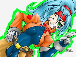 Rule 34 | 1girl, ashe (mega man), blue hair, blush, bodysuit, breasts, cowboy shot, cropped jacket, dojyo5963, dutch angle, gloves, green eyes, hair between eyes, hand on own hip, headband, high ponytail, long hair, looking at viewer, medium breasts, one eye closed, ponytail, mega man (series), mega man zx, mega man zx advent, salute, signature, simple background, smile, solo, teeth, two-finger salute