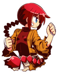 Rule 34 | 1girl, blue eyes, blush, braid, breasts, brown jacket, clenched hands, closed mouth, commentary request, covered navel, etrian odyssey, hair between eyes, hand wraps, jacket, long hair, looking away, looking to the side, monk (sekaiju), naga u, open clothes, open jacket, profile, red hair, red shirt, sekaiju no meikyuu, sekaiju no meikyuu 3, shirt, simple background, small breasts, solo, white background