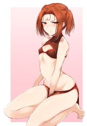 Rule 34 | 1girl, bare legs, bare shoulders, barefoot, between legs, black bra, blush, bra, breasts, commentary request, facial mark, fate (series), forehead mark, frown, gradient background, hand between legs, highres, hometa, kneeling, long hair, navel, nezha (fate), pink background, pout, red eyes, red hair, short hair, small breasts, solo, twintails, underwear