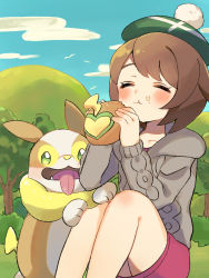 Rule 34 | 1girl, ^ ^, baozi, brown hair, cardigan, chewing, closed eyes, creature as food, creatures (company), day, dog, dress, eating, fang, food, food on face, game freak, gen 8 pokemon, gloria (pokemon), green eyes, green headwear, grey cardigan, hat, heart, highres, holding, holding food, knees up, long sleeves, looking at another, matsuda (0yx38755230263c), nature, nintendo, pink dress, pokemon, pokemon (creature), pokemon swsh, short hair, sitting, sky, smile, tam o&#039; shanter, tongue, tongue out, yamper