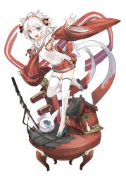 Rule 34 | 1girl, animal ears, bell, blue eyes, detached sleeves, dress, hairband, highres, japanese clothes, katana, long sleeves, looking at viewer, necktie, original, short hair, slippers, solo, standing on object, sword, thighhighs, tokiti, weapon, white hair, white thighhighs, yumeko (tokiti)