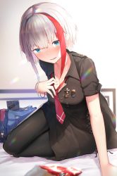 Rule 34 | 1girl, absurdres, admiral graf spee (azur lane), admiral graf spee (girl&#039;s sunday) (azur lane), alternate costume, arm support, azur lane, bag, bed, bed sheet, black dress, black pantyhose, blue eyes, blunt bangs, blush, bracelet, breasts, casual, commentary request, dress, hand on own chest, highres, isaka wasabi, jewelry, looking at viewer, medal, multicolored hair, necktie, open mouth, pantyhose, red hair, red necktie, short hair, short sleeves, sidelocks, silver hair, sitting, skindentation, small breasts, smile, solo, streaked hair, tearing up