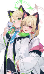 Rule 34 | 2girls, absurdres, animal ear headphones, animal ears, arm hug, black shorts, blonde hair, blue archive, blue necktie, bow, cat ear headphones, collared shirt, fake animal ears, green bow, green eyes, hair bow, halo, headphones, highres, holding, holding phone, hug, hug from behind, jacket, looking at viewer, medium hair, midori (blue archive), mimizuku (mmiganaru), momoi (blue archive), multicolored clothes, multicolored jacket, multiple girls, necktie, one eye closed, open mouth, phone, pink eyes, red bow, shirt, shorts, siblings, simple background, sisters, suspenders, tail, twins, white background, white jacket, white shirt