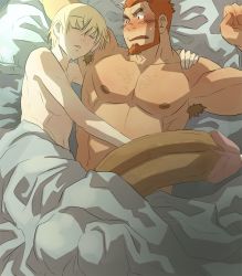 Rule 34 | 2boys, bed, blanket, blush, hrio, huge penis, male focus, multiple boys, nude, original, pillow, size difference, sleeping, sweat, yaoi