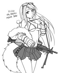Rule 34 | 1girl, bikini, bikini top only, blowing bubbles, character name, chewing gum, dated, eyewear on head, fur-trimmed jacket, fur trim, girls&#039; frontline, greyscale, gun, highres, holding strap, jacket, light machine gun, long hair, long sleeves, m249, m249 saw (arctic fox) (girls&#039; frontline), m249 saw (girls&#039; frontline), machine gun, monochrome, name connection, navel, ndtwofives, object namesake, off shoulder, official alternate costume, open clothes, open jacket, pleated skirt, simple background, skirt, sleeves past wrists, solo, swimsuit, tail, very long hair, weapon, white background