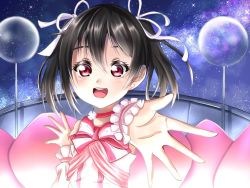 Rule 34 | 1girl, artist name, artist request, bare shoulders, black hair, blush, bokutachi wa hitotsu no hikari, bow, breasts, choker, cleavage, collarbone, detached sleeves, dress, female focus, flower, frilled sleeves, frills, hair bow, hair flower, hair ornament, hair ribbon, looking at viewer, love live!, love live! school idol project, medium breasts, night, night sky, outdoors, parted lips, pink choker, pink dress, pink flower, pink ribbon, reaching, reaching towards viewer, red eyes, ribbon, ringo (netainoda), short hair, sky, smile, solo, star (sky), striped neckwear, twintails, white dress, white ribbon, yazawa nico