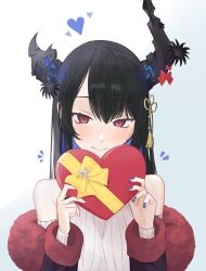 Rule 34 | 1girl, alternate costume, asymmetrical horns, black hair, blue hair, blush, box, colored inner hair, commentary, demon horns, hair ornament, heart, heart-shaped box, highres, holding, holding box, hololive, hololive english, horns, long hair, looking at viewer, mole, mole under eye, multicolored hair, nerissa ravencroft, red eyes, senotori, smile, solo, symbol-only commentary, two-tone hair, uneven horns, valentine, virtual youtuber