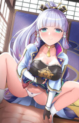 Rule 34 | 1boy, 1girl, armor, ayaka (genshin impact), black gloves, blue capelet, blue eyes, blue skirt, blunt bangs, blush, bow, bow panties, breastplate, breasts, capelet, cleavage, closed mouth, clothes lift, collarbone, genshin impact, girl on top, gloves, grey hair, hair ornament, hair ribbon, indoors, jewelry, lifting own clothes, long hair, long skirt, m legs, medium breasts, mole, mole under eye, navel, neck ring, neck tassel, panties, partially fingerless gloves, ponytail, pov, ribbon, skirt, skirt lift, sliding doors, smile, socks, spread legs, tabi, tatami, tress ribbon, underwear, white panties, white socks, zuikillme