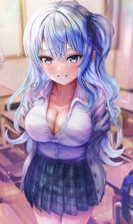 Rule 34 | 1girl, absurdres, alternate breast size, arms behind back, blue eyes, blue hair, breasts, cardigan, classroom, cleavage, collarbone, cowboy shot, grin, hair between eyes, highres, hololive, hoshimachi suisei, light blush, long hair, looking at viewer, medium breasts, miniskirt, one side up, partially unbuttoned, pleated skirt, school, school uniform, shirt, shirt tucked in, skirt, smile, solo, thighs, virtual youtuber, wajuniorbox, white shirt