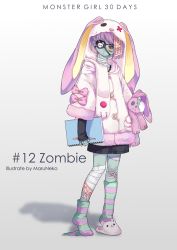 Rule 34 | 1girl, animal ears, animal hat, animal slippers, arms at sides, artist name, bandaged leg, bandaged neck, bandages, black skirt, book, bow, buttons, coat, colored skin, eyepatch, fake animal ears, full body, fur-trimmed coat, fur-trimmed sleeves, fur trim, green skin, grey background, hat, headwear with attached mittens, holding, holding book, holding pencil, holding stuffed toy, long sleeves, looking at viewer, loose socks, maruneko, mittens, monster girl, multicolored skin, one eye covered, original, patchwork skin, pencil, pink bow, puckered lips, purple hair, purple skin, rabbit ears, rabbit hat, scarf, shadow, shoes, short hair, single shoe, sketchbook, skirt, skull print, sleeves past wrists, slippers, socks, solo, standing, stitches, striped clothes, striped legwear, striped socks, stuffed animal, stuffed rabbit, stuffed toy, talisman, white coat, zombie