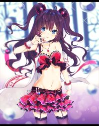 Rule 34 | 10s, 1girl, bad id, bad pixiv id, blue eyes, blurry, blush, bottle, breasts, brown hair, bubble, cleavage, cowboy shot, depth of field, garter straps, heart, heart necklace, ichinose shiki, idolmaster, idolmaster cinderella girls, jewelry, kanora, long hair, looking at viewer, midriff, navel, necklace, open mouth, pearl necklace, perfume bottle, smile, solo, thighhighs, two side up