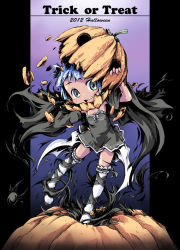 Rule 34 | 10s, 1girl, 2012, :d, animal ears, blue hair, cape, dress, grey eyes, halloween, ham (points), jack-o&#039;-lantern, looking at viewer, mask, open mouth, original, pillarboxed, pumpkin, pumpkin hat, smile, solo, thighhighs, trick or treat, white thighhighs