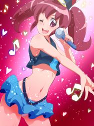 Rule 34 | 10s, 1girl, aino megumi, alternate form, blush, crop top, crop top overhang, happinesscharge precure!, hat, microphone, midriff, musical note, navel, one eye closed, open mouth, pink background, precure, red eyes, red hair, short hair, smile, solo, tj-type1, twintails, wink, wireless