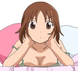 Rule 34 | 00s, 10s, 1girl, angry, bare shoulders, breasts, brown eyes, brown hair, cleavage, downblouse, frown, hands on own face, hinako (issho ni training), issho ni training, large breasts, looking at viewer, lying, no bra, off shoulder, on stomach, short hair, solo, strap slip, tagme