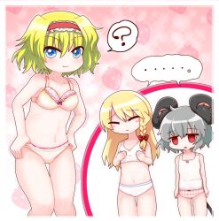 3girls ? alice_margatroid animal_ears blonde_hair blue_eyes blush blush_stickers border bow bra braid breast_envy breasts closed_eyes closed_mouth commentary_request cookie_(touhou) cowboy_shot face_of_the_people_who_sank_all_their_money_into_the_fx_(meme) flat_chest frilled_hairband frills grey_hair hair_bow hairband highres ichigo_(cookie) kirisame_marisa long_hair looking_at_viewer medium_breasts meme mouse_ears mouse_girl mouse_tail multiple_girls namatama_(7lemo_can) navel nazrin nyon_(cookie) open_mouth panties pink_background pink_panties plaid_clothes plaid_panties red_bow red_eyes red_hairband shared_speech_bubble short_hair side_braid single_braid smile speech_bubble spoken_question_mark strawberry_background suzu_(cookie) tail tank_top touhou underwear underwear_only white_border white_bra white_panties white_tank_top