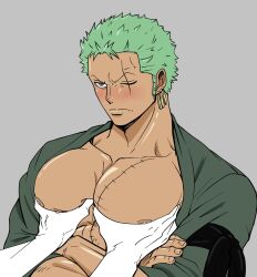 1boy bara bare_pectorals blush commentary crossed_arms earrings grabbing_another&#039;s_pectorals green_hair grey_background highres jewelry large_pectorals male_focus muscular muscular_male nipples one_piece open_clothes pectorals rocckart roronoa_zoro scar scar_across_eye scar_on_chest short_hair simple_background solo_focus upper_body