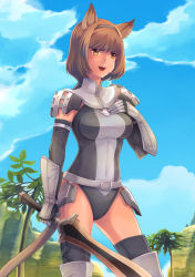 Rule 34 | 00s, 1girl, animal ears, armor, boots, breasts, brown hair, cat ears, cat girl, cat tail, cloud, day, elbow gloves, faulds, final fantasy, final fantasy xi, gloves, hairband, hand on own chest, leotard, medium breasts, mithra (ff11), orange eyes, short hair, sky, smile, solo, sword, tail, takatsuki kahiro, thigh boots, thighhighs, weapon
