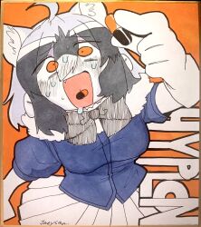 Rule 34 | 1girl, :d, ahoge, animal ears, arm up, bad id, bad twitter id, black hair, blush, commentary request, common raccoon (kemono friends), cowboy shot, extra ears, fang, fur collar, gloves, grey hair, hair between eyes, highres, holding pill, inactive account, jmeysan, kemono friends, looking at viewer, multicolored hair, nervous sweating, nose blush, open mouth, orange background, orange eyes, pill on tongue, pleated skirt, raccoon ears, shikishi, short hair, skirt, smile, solo, standing, sweat, traditional media, white hair