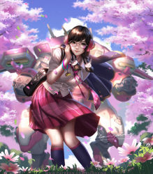 Rule 34 | 1girl, academy d.va, animal print, bag, bandaid, bandaid on arm, bespectacled, blurry, blurry background, bracelet, braid, brown eyes, brown hair, cherry blossoms, d.va (overwatch), day, facial mark, glasses, headphones, highres, jewelry, leaning forward, liang xing, long hair, looking at viewer, meka (overwatch), necktie, outdoors, overwatch, overwatch 1, petals, rabbit print, school uniform, shirt, signature, skirt, solo, swept bangs, twin braids, whisker markings, white shirt, wind