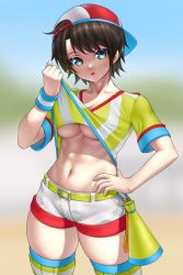 Rule 34 | 1girl, :o, abs, aqua eyes, backwards hat, baseball cap, belt, blurry, blurry background, breasts, brown hair, cleavage, clothes lift, collarbone, cowboy shot, hand on own hip, hat, highres, hololive, looking at viewer, midriff, navel, oozora subaru, oozora subaru (1st costume), shirt, shirt lift, short hair, shorts, skindentation, skylock, stomach, striped clothes, striped shirt, sweat, swept bangs, t-shirt, thighhighs, thighs, tomboy, two-tone headwear, underboob, v-neck, vertical-striped clothes, vertical-striped shirt, virtual youtuber, white shorts, white thighhighs, wristband