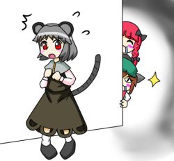 Rule 34 | 3girls, :3, ^ ^, animal ears, blush stickers, bow, braid, brown hair, cat ears, cat girl, chen, claws, closed eyes, closed eyes, female focus, grey hair, hat, kaenbyou rin, lowres, mouse ears, multiple girls, nazrin, open mouth, ranchama, red eyes, red hair, saliva, sparkle, tail, touhou, you gonna get raped