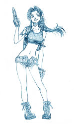 Rule 34 | bbb (friskuser), belt, black lagoon, blue theme, boots, cigarette, commentary request, crop top, dual wielding, fingerless gloves, gloves, gun, hair intakes, highres, holding, holding gun, holding weapon, holster, long hair, monochrome, mouth hold, navel, ponytail, revy (black lagoon), short shorts, shorts, shoulder holster, shoulder tattoo, sketch, solo, tattoo, weapon