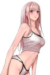 Rule 34 | 1girl, applekun, bare shoulders, blue eyes, blush, breasts, camisole, crop top, earrings, fate/grand order, fate (series), from side, hair down, highleg, highleg panties, highres, jewelry, lips, long hair, looking at viewer, medium breasts, midriff, miyamoto musashi (fate), navel, panties, parted lips, pink hair, sidelocks, simple background, solo, spaghetti strap, underwear, upper body, white background, white camisole, white panties