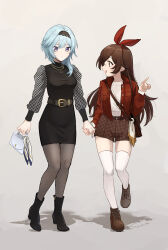 Rule 34 | :d, alternate costume, amber (genshin impact), bag, belt, black pantyhose, black skirt, blue hair, breast pocket, brown eyes, brown hair, casual, commentary request, contemporary, eula (genshin impact), genshin impact, grey eyes, hair between eyes, hairband, handbag, height difference, highres, holding, holding bag, jacket, jewelry, long hair, long sleeves, looking at another, medium hair, necklace, open clothes, open jacket, open mouth, pantyhose, pencil skirt, plaid, plaid shorts, pocket, red jacket, shoes, short shorts, shorts, sidelocks, simple background, skirt, smile, sneakers, suke, thighhighs, white thighhighs, zettai ryouiki