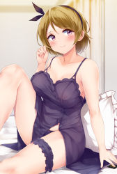 Rule 34 | 1girl, bare arms, bare shoulders, blush, brown hair, camisole, collarbone, commentary request, highres, irohara, knee up, koizumi hanayo, bridal garter, love live!, love live! school idol project, purple eyes, solo, spaghetti strap, thighs