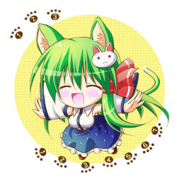 Rule 34 | 1girl, :d, ^ ^, animal ears, rabbit, cat ears, cat girl, cat tail, chibi, closed eyes, detached sleeves, closed eyes, fang, female focus, green hair, hair ornament, kochiya sanae, open mouth, osashin (osada), outstretched arms, smile, solo, spread arms, tail, touhou