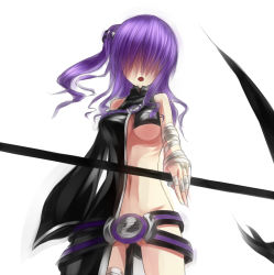 Rule 34 | 1girl, bandages, belt, breasts, hair over eyes, long hair, medium breasts, navel, no bra, open mouth, original, purple hair, revealing clothes, scythe, simple background, solo, standing, sukumo (kemutai), thigh gap, underboob, weapon, white background