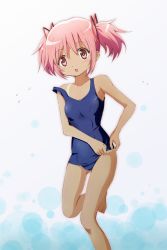 Rule 34 | 10s, 1girl, :o, adjusting clothes, adjusting swimsuit, barefoot, flying sweatdrops, gradient background, highres, kaname madoka, kinfuji, mahou shoujo madoka magica, mahou shoujo madoka magica (anime), one-piece swimsuit, one-piece tan, pink eyes, pink hair, polka dot, polka dot background, school swimsuit, short hair, solo, strap slip, swimsuit, tan, tanline, twintails