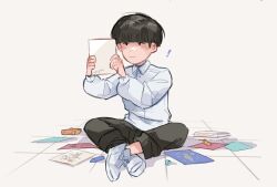 Rule 34 | !, 1boy, black eyes, black hair, black pants, blunt bangs, bowl cut, closed mouth, collared shirt, commentary, crayon, drawing, ekubo (mob psycho 100), english commentary, full body, grey background, grey shirt, highres, holding, holding paper, indian style, kageyama shigeo, long sleeves, male focus, mob psycho 100, mp100days, pants, paper, reigen arataka, shirt, shoes, short hair, simple background, sitting, smile, sneakers, solo, white footwear