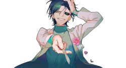 Rule 34 | 1boy, absurdres, artificial eye, bad id, bad pixiv id, black hair, blue sweater, boutonniere, coat, commentary request, dobunomeme, flower, hand on another&#039;s head, hand on own head, highres, holding scalpel, id card, lab coat, long sleeves, male focus, mechanical eye, mismatched sclera, parted lips, pink flower, short hair, simple background, smile, solo, sweater, turtleneck, turtleneck sweater, upper body, white background, white coat, yellow eyes