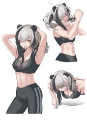 Rule 34 | 1girl, animal ears, arknights, armpits, arms up, arrow (symbol), bare arms, bare shoulders, black hair, black pants, breasts, cleavage, clenched hand, commentary request, cowboy shot, crop top, cropped torso, exercising, feater (arknights), hair tie in mouth, kong (ksw2801), leggings, long hair, looking at viewer, medium breasts, midriff, mouth hold, multicolored hair, multiple views, navel, panda ears, pants, push-ups, red eyes, silver hair, simple background, smile, standing, stomach, streaked hair, tying hair, upper body, white background