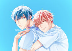 Rule 34 | 2boys, bepo hachio, blue background, blue eyes, blue hair, closed mouth, given, highres, hug, hug from behind, looking at viewer, male focus, multiple boys, red eyes, red hair, satou mafuyu, shirt, short sleeves, smile, twitter username, uenoyama ritsuka, upper body, white shirt, yaoi