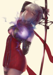 Rule 34 | 1girl, ahoge, arm behind head, arm guards, aura, cowboy shot, dark-skinned female, dark skin, dress, dutch angle, fate/grand order, fate (series), hair ornament, highres, holding, holding sword, holding weapon, katana, light frown, looking at viewer, okita souji (fate), okita souji alter (fate), okita souji alter (first ascension) (fate), over shoulder, parted lips, red dress, red scarf, scarf, short dress, short hair, simple background, solo, standing, suwako (pixiv9554498), sword, tassel, v-shaped eyebrows, weapon, weapon over shoulder, white eyes, white hair, yellow background