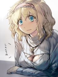 Rule 34 | 1girl, alice margatroid, alternate costume, blonde hair, blue eyes, blush, breasts, cleavage, cleavage cutout, clothing cutout, geppewi, jewelry, looking at viewer, meme attire, necklace, open-chest sweater, open mouth, ribbed sweater, short hair, simple background, sketch, solo, sweater, touhou, translated