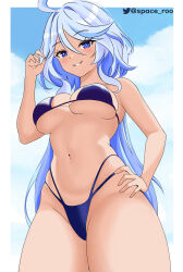 Rule 34 | 1girl, ahoge, artist name, bare arms, bare shoulders, bikini, blue bikini, blue eyes, blue hair, blue sky, breasts, cloud, commentary, cowboy shot, day, eyelashes, furina (genshin impact), genshin impact, grin, hand in own hair, hand on own hip, hand up, highleg, highleg bikini, highres, large breasts, light blush, long hair, looking at viewer, navel, no headwear, sky, smile, solo, spaceroo, standing, stomach, swimsuit, thick thighs, thighs, twitter logo, twitter username, very long hair